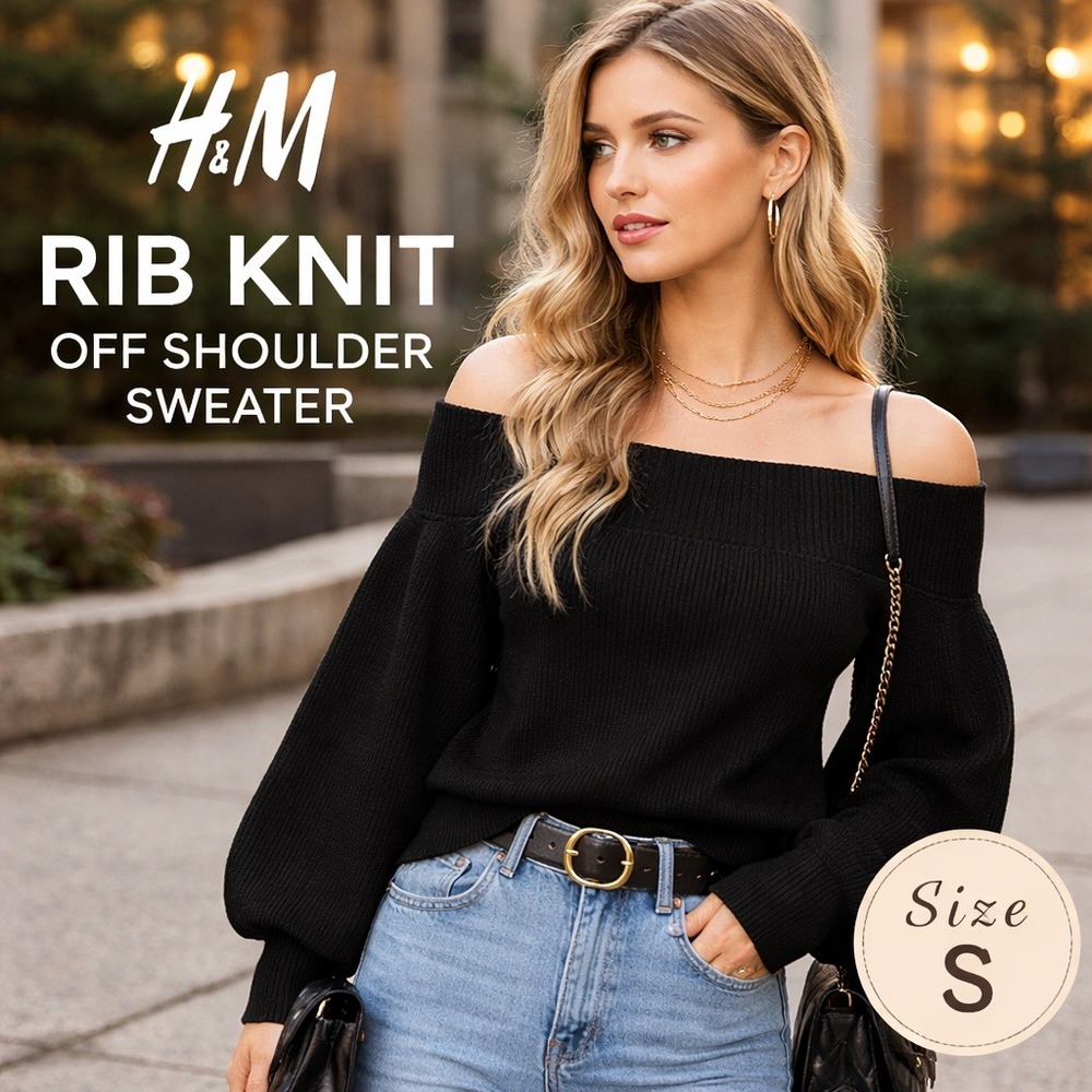H&M Rib Knit‎ Bardot Off Shoulder Balloon Sleeve Cropped Sweater Black Size S